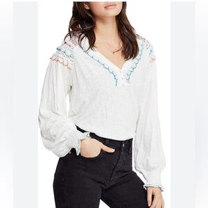 FREE PEOPLE White Siesta Fiesta Embroidered Crochet Long Sleeve Top Medium